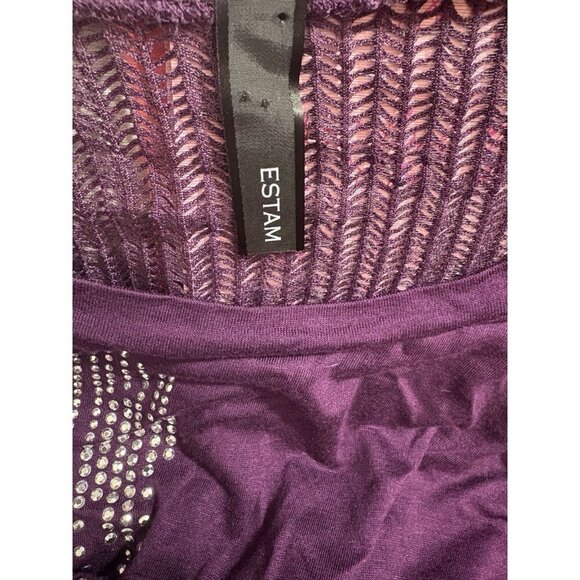 Estam L Purple Studded Cross Crew Neck Step-Hem Open Weave Back 3/4 Sleeve Top - Picture 6 of 6